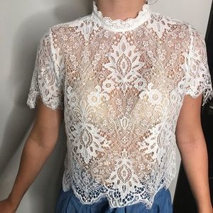Sheer white lace short sleeve top